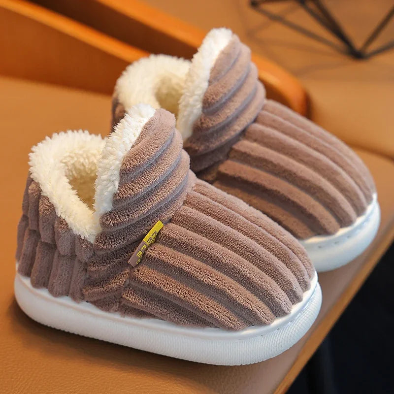 ew Winter Stripe Plush Slippers – Soft, Non-Slip Warm Home Shoes for Kids