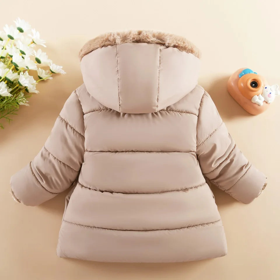 Warm Winter Jacket for Girls – Thickened Cotton Coat with Large Hairy Collar