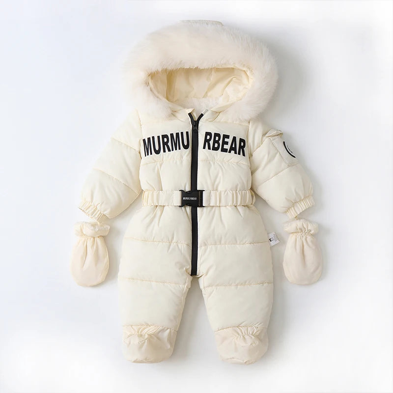 Winter Newborn Baby Jumpsuit – Thick Plus Velvet Hooded Snowsuit with Gloves
