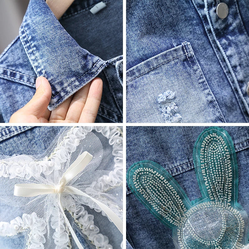 Girls denim jacket cute rabbit lace bow jean coat