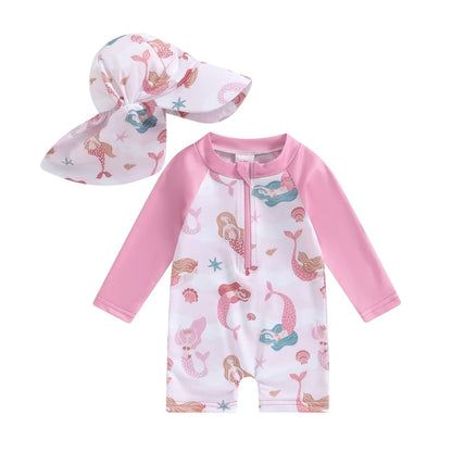 Kids swimwear set  Floral & Tropical zip-up swimsuit with hat