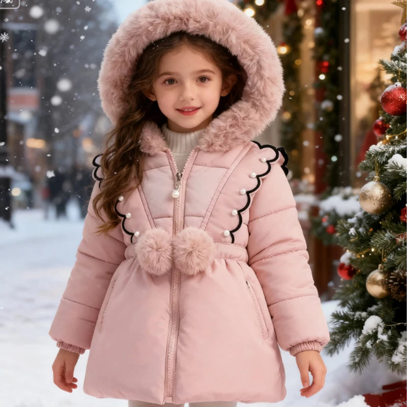 Warm Winter Jacket for Girls – Thickened Cotton Coat with Large Hairy Collar