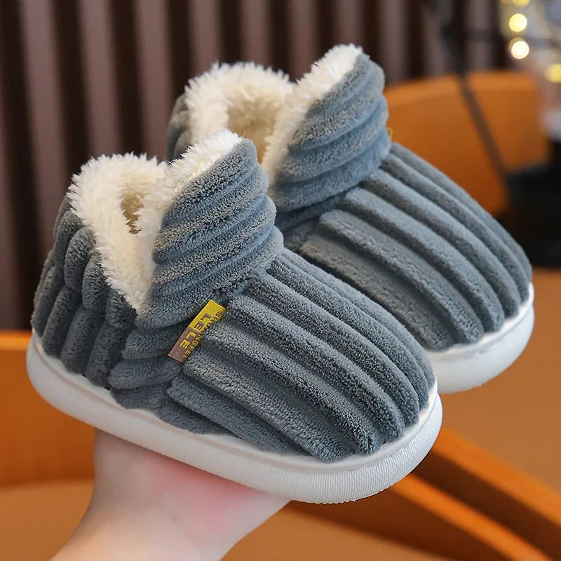 ew Winter Stripe Plush Slippers – Soft, Non-Slip Warm Home Shoes for Kids