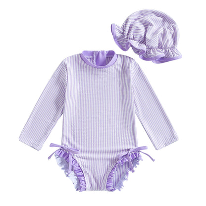 Baby girl swimsuit  / Striped zipper set with hat