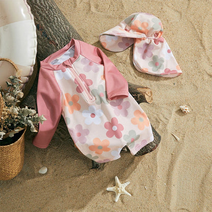 Kids swimwear set  Floral & Tropical zip-up swimsuit with hat