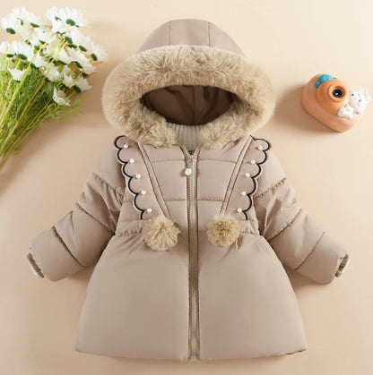 Warm Winter Jacket for Girls – Thickened Cotton Coat with Large Hairy Collar