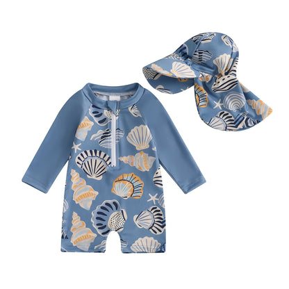 Kids swimwear set  Floral & Tropical zip-up swimsuit with hat