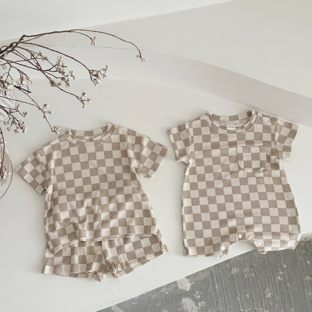 Summer baby tracksuit set – Chessboard shirt + Shorts (2-Piece Outfit)