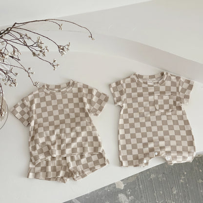 Summer baby tracksuit set – Chessboard shirt + Shorts (2-Piece Outfit)