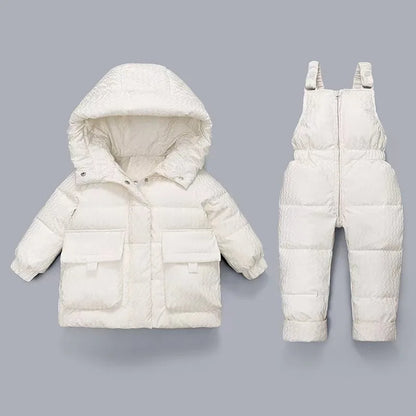 Winter 2-Piece Baby Set – Hooded Bear Down Jacket & Velvet Overalls