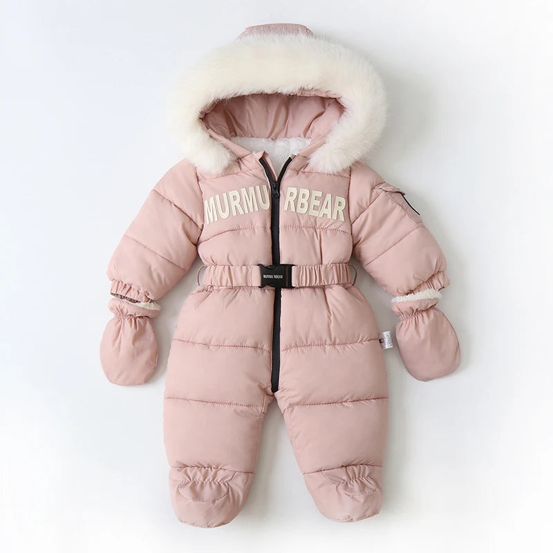 Winter Newborn Baby Jumpsuit – Thick Plus Velvet Hooded Snowsuit with Gloves