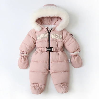 Winter Newborn Baby Jumpsuit – Thick Plus Velvet Hooded Snowsuit with Gloves
