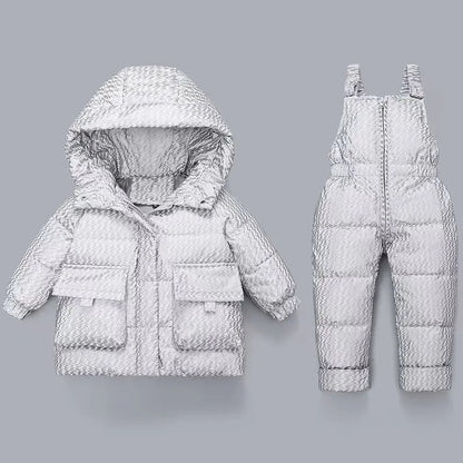 Winter 2-Piece Baby Set – Hooded Bear Down Jacket & Velvet Overalls