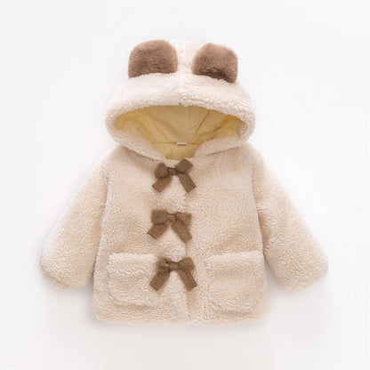 Winter Girl’s Coat – Furry Hooded Bear Ears & Bow Detail