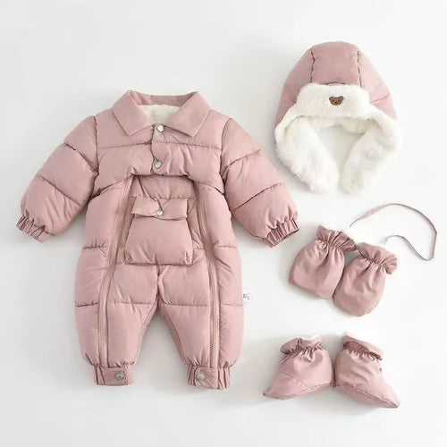 Winter Newborn Baby Snowsuit – Warm Thickened Set with Hat, Gloves & Foot Covers (0–18 Months)