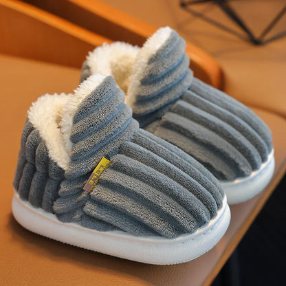 ew Winter Stripe Plush Slippers – Soft, Non-Slip Warm Home Shoes for Kids