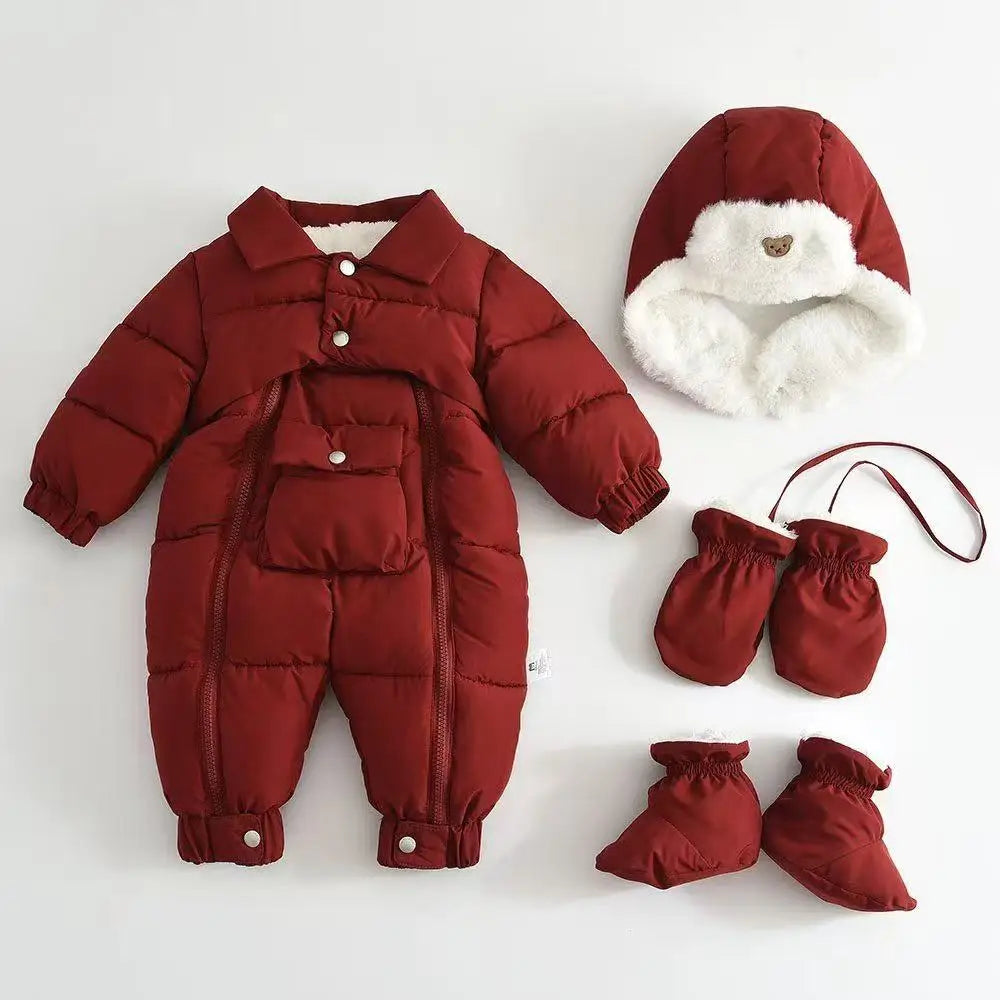Winter Newborn Baby Snowsuit – Warm Thickened Set with Hat, Gloves & Foot Covers (0–18 Months)