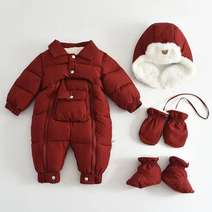Winter Newborn Baby Snowsuit – Warm Thickened Set with Hat, Gloves & Foot Covers (0–18 Months)