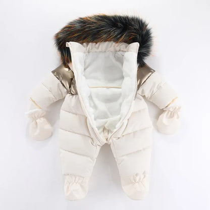 Russian Winter Infant snowsuit– Striped Velvet Overalls with Faux Fur (0–3 Years)