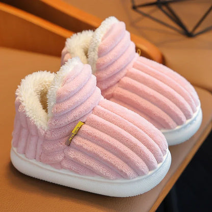 ew Winter Stripe Plush Slippers – Soft, Non-Slip Warm Home Shoes for Kids