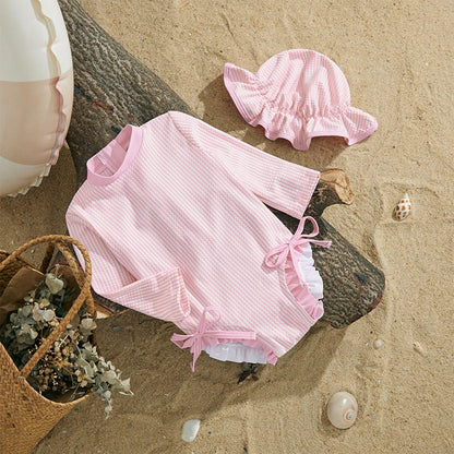 Baby girl swimsuit  / Striped zipper set with hat