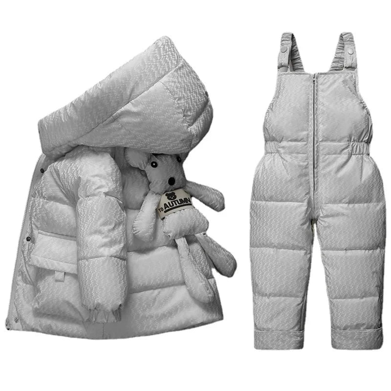 Winter 2-Piece Baby Set – Hooded Bear Down Jacket & Velvet Overalls