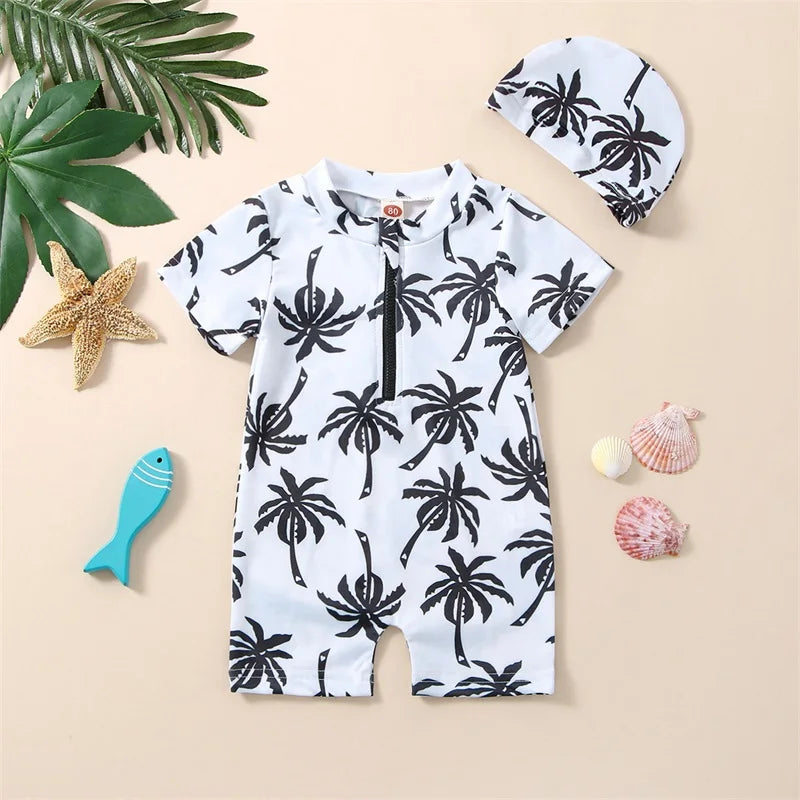 Cartoon tree print jumpsuit with hat
