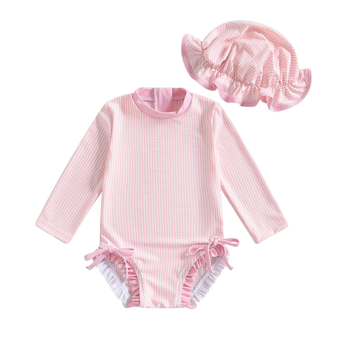 Baby girl swimsuit  / Striped zipper set with hat