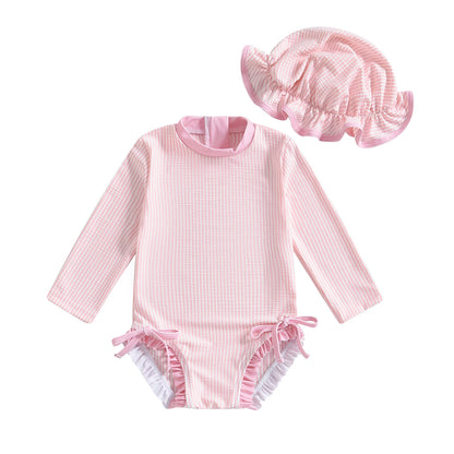 Baby girl swimsuit  / Striped zipper set with hat