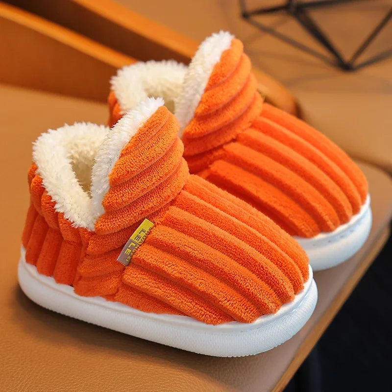 ew Winter Stripe Plush Slippers – Soft, Non-Slip Warm Home Shoes for Kids
