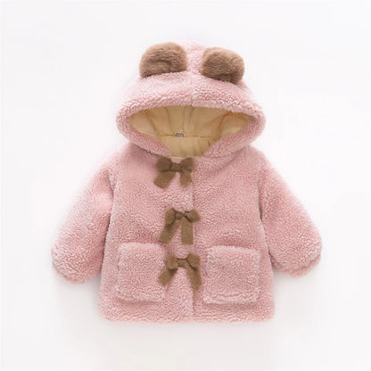Winter Girl’s Coat – Furry Hooded Bear Ears & Bow Detail
