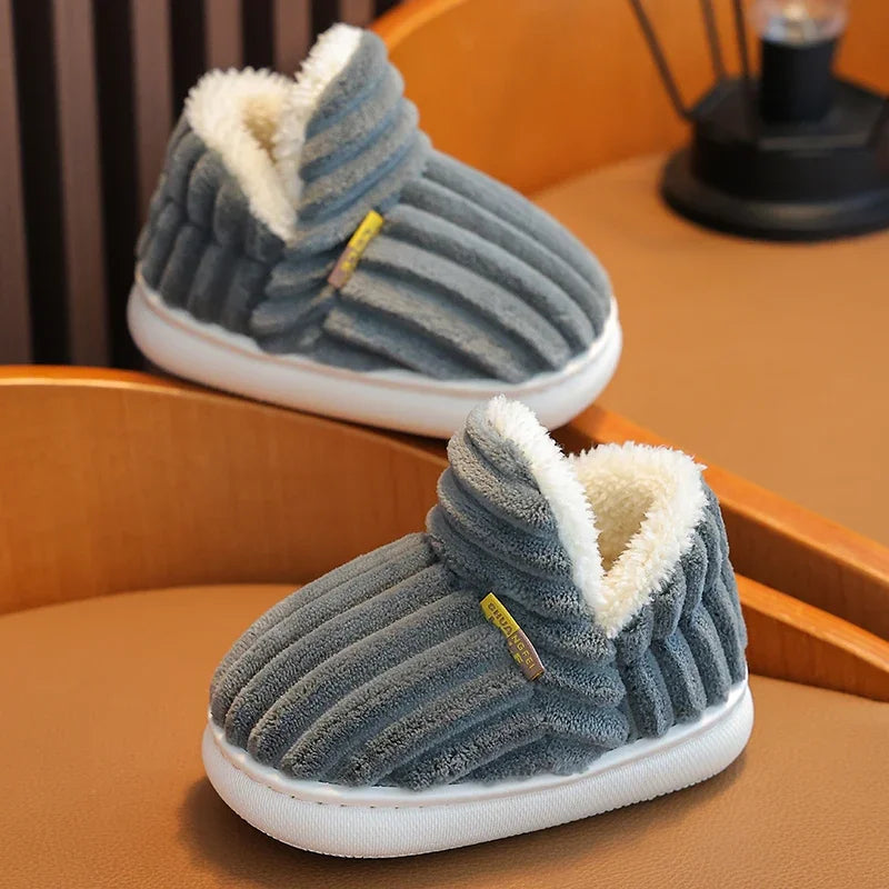 ew Winter Stripe Plush Slippers – Soft, Non-Slip Warm Home Shoes for Kids