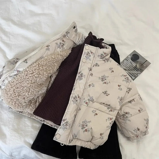 Winter Toddler Girl Parka – Cotton-Padded Floral Print Coat (Thick & Warm)