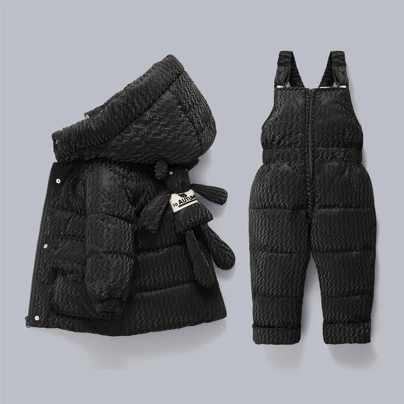 Winter 2-Piece Baby Set – Hooded Bear Down Jacket & Velvet Overalls