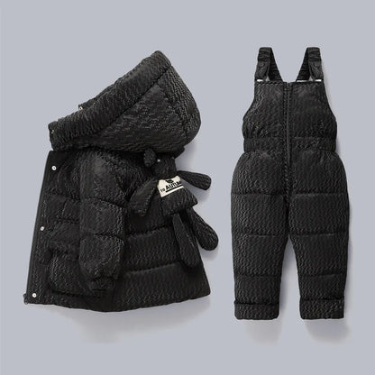Winter 2-Piece Baby Set – Hooded Bear Down Jacket & Velvet Overalls
