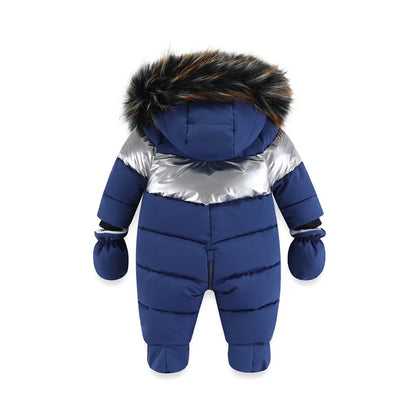 Russian Winter Infant snowsuit– Striped Velvet Overalls with Faux Fur (0–3 Years)