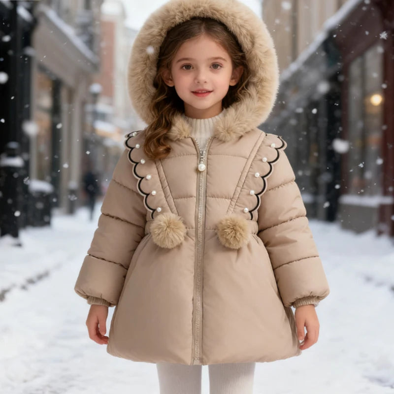 Warm Winter Jacket for Girls – Thickened Cotton Coat with Large Hairy Collar