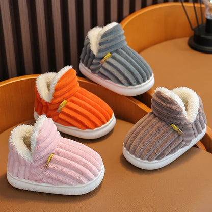 ew Winter Stripe Plush Slippers – Soft, Non-Slip Warm Home Shoes for Kids