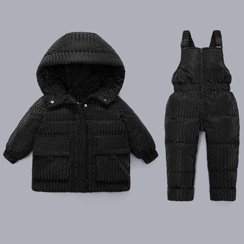 Winter 2-Piece Baby Set – Hooded Bear Down Jacket & Velvet Overalls