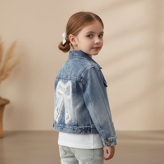 Girls denim jacket  cute rabbit lace bow jean coat