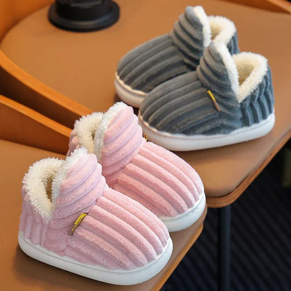 ew Winter Stripe Plush Slippers – Soft, Non-Slip Warm Home Shoes for Kids