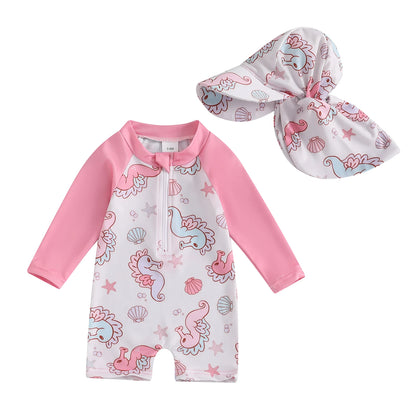 Kids swimwear set  Floral & Tropical zip-up swimsuit with hat