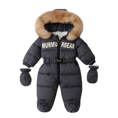 Winter Newborn Baby Jumpsuit – Thick Plus Velvet Hooded Snowsuit with Gloves