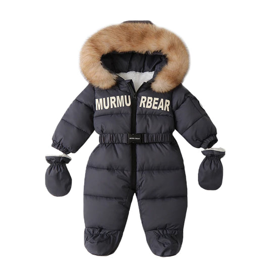 Winter Newborn Baby Jumpsuit – Thick Plus Velvet Hooded Snowsuit with Gloves