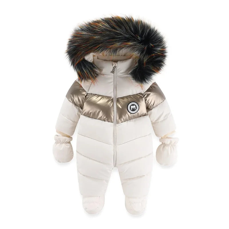 Russian Winter Infant snowsuit– Striped Velvet Overalls with Faux Fur (0–3 Years)