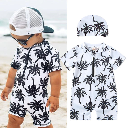 Cartoon tree print jumpsuit with hat