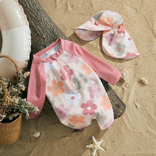 Kids swimwear set  Floral & Tropical zip-up swimsuit with hat