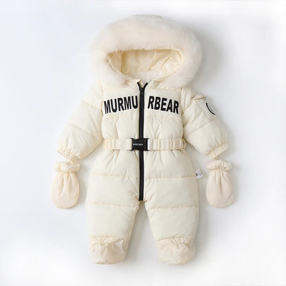 Winter Newborn Baby Jumpsuit – Thick Plus Velvet Hooded Snowsuit with Gloves