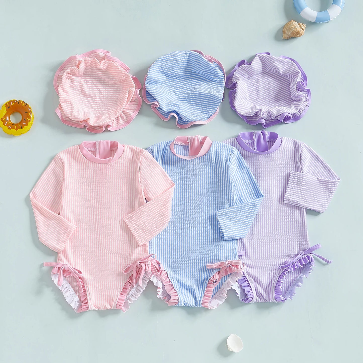 Baby girl swimsuit  / Striped zipper set with hat