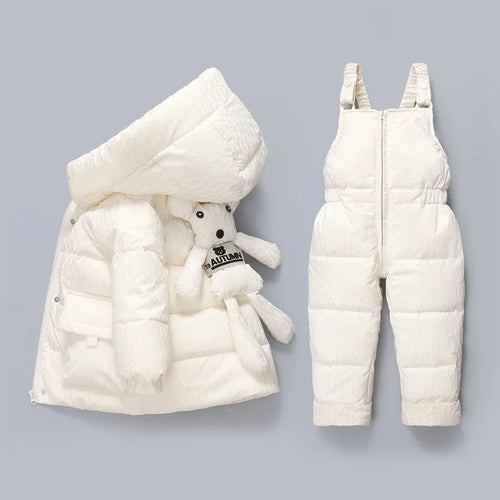 Winter 2-Piece Baby Set – Hooded Bear Down Jacket & Velvet Overalls